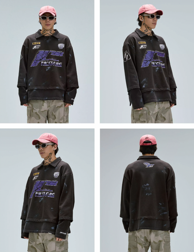 F2CE Fake Two Piece Frayed Overlay Racing Polo Sweatshirt | Face 3 Face