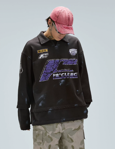 F2CE Fake Two Piece Frayed Overlay Racing Polo Sweatshirt | Face 3 Face