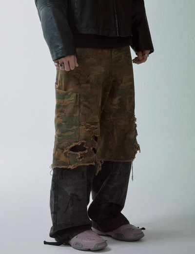 F2CE Camouflage Scrap Wash Destruction Double Layered Pants | Face 3 Face