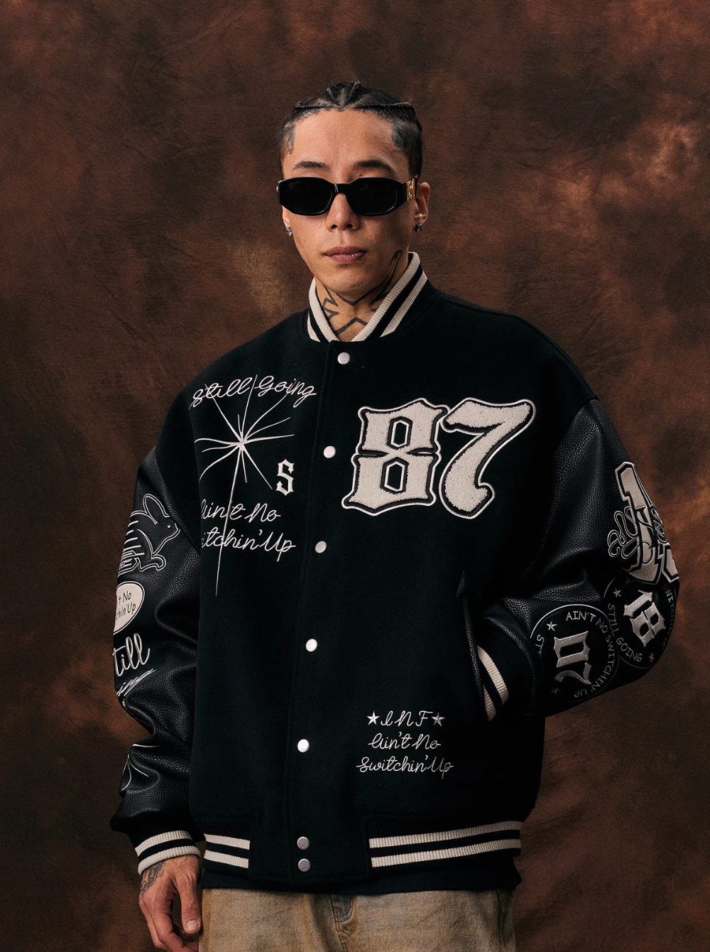 1807 Patchwork Embroidery Leather Varsity Jacket | Face 3 Face