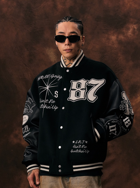 1807 Patchwork Embroidery Leather Varsity Jacket | Face 3 Face