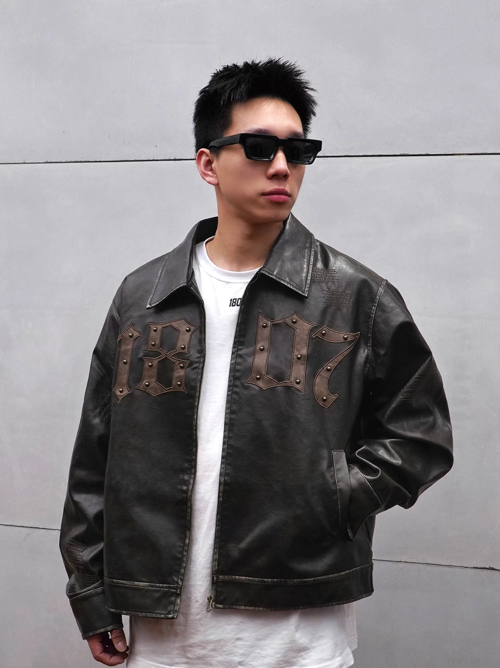 1807 Embroidery Patch Studs Leather Jacket  | Face 3 Face