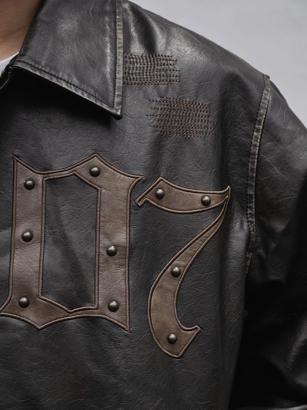 1807 Embroidery Patch Studs Leather Jacket | Face 3 Face