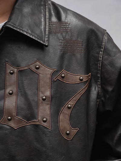 1807 Embroidery Patch Studs Leather Jacket | Face 3 Face