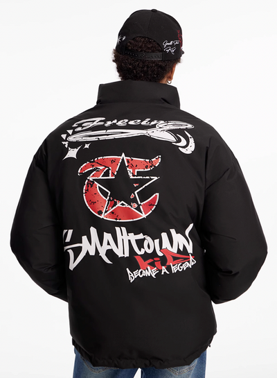 Small Town Kid Graffiti Stand Collar Puffer Jacket | Face 3 Face