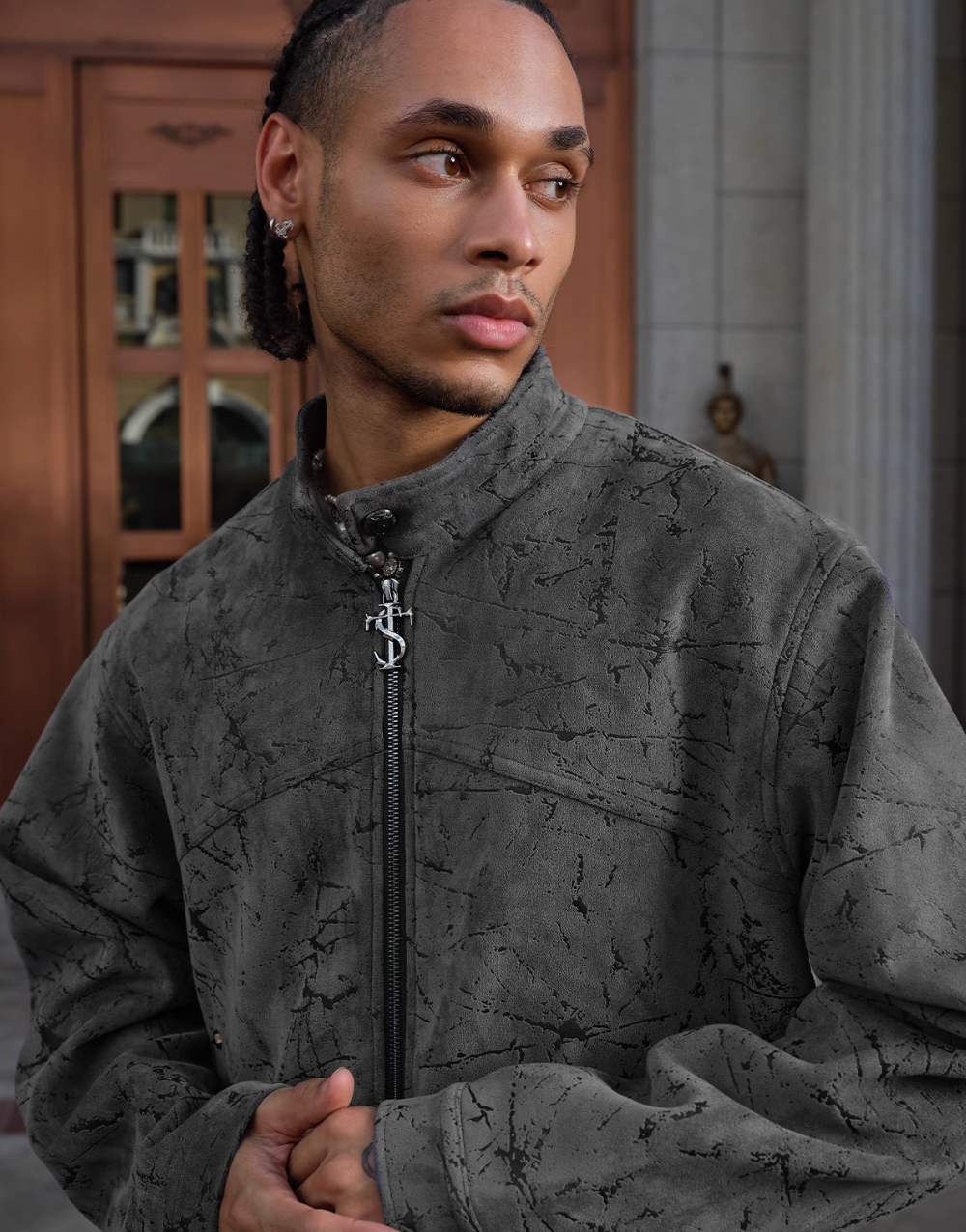 Small Town Kid Dark Pattern Suede Racing Jacket | Face 3 Face