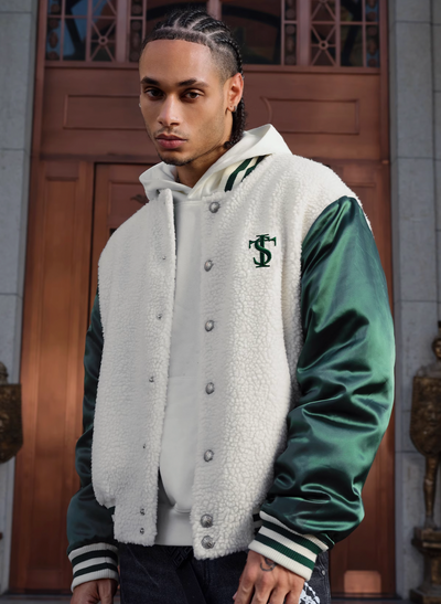 Small Town Kid Sherpa Fleece Patchwork Varsity Jacket | Face 3 Face