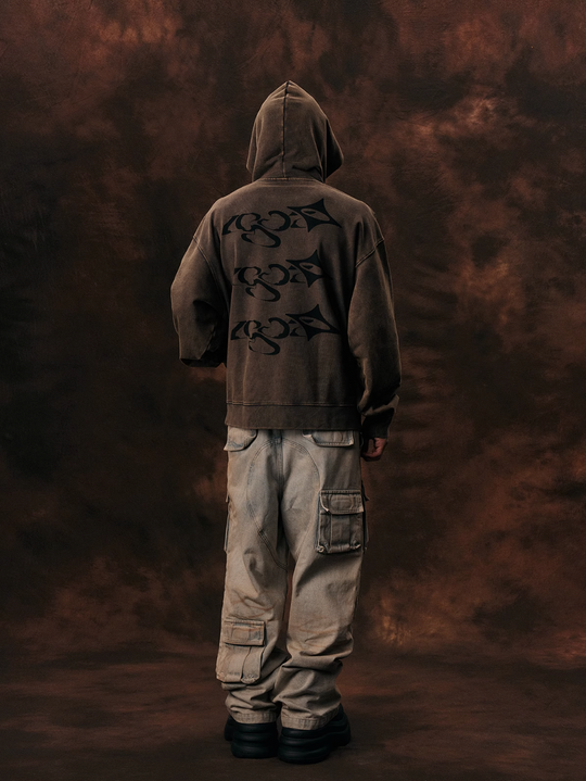 1807 Arranged Printed Washed men's Hoodie | Face 3 Face