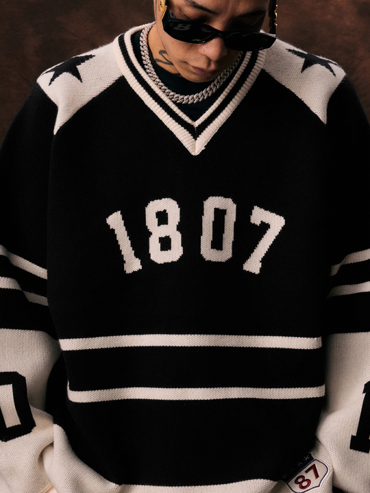 1807 Black & White Striped Hockey Jersey Knit Sweater  | Face 3 Face