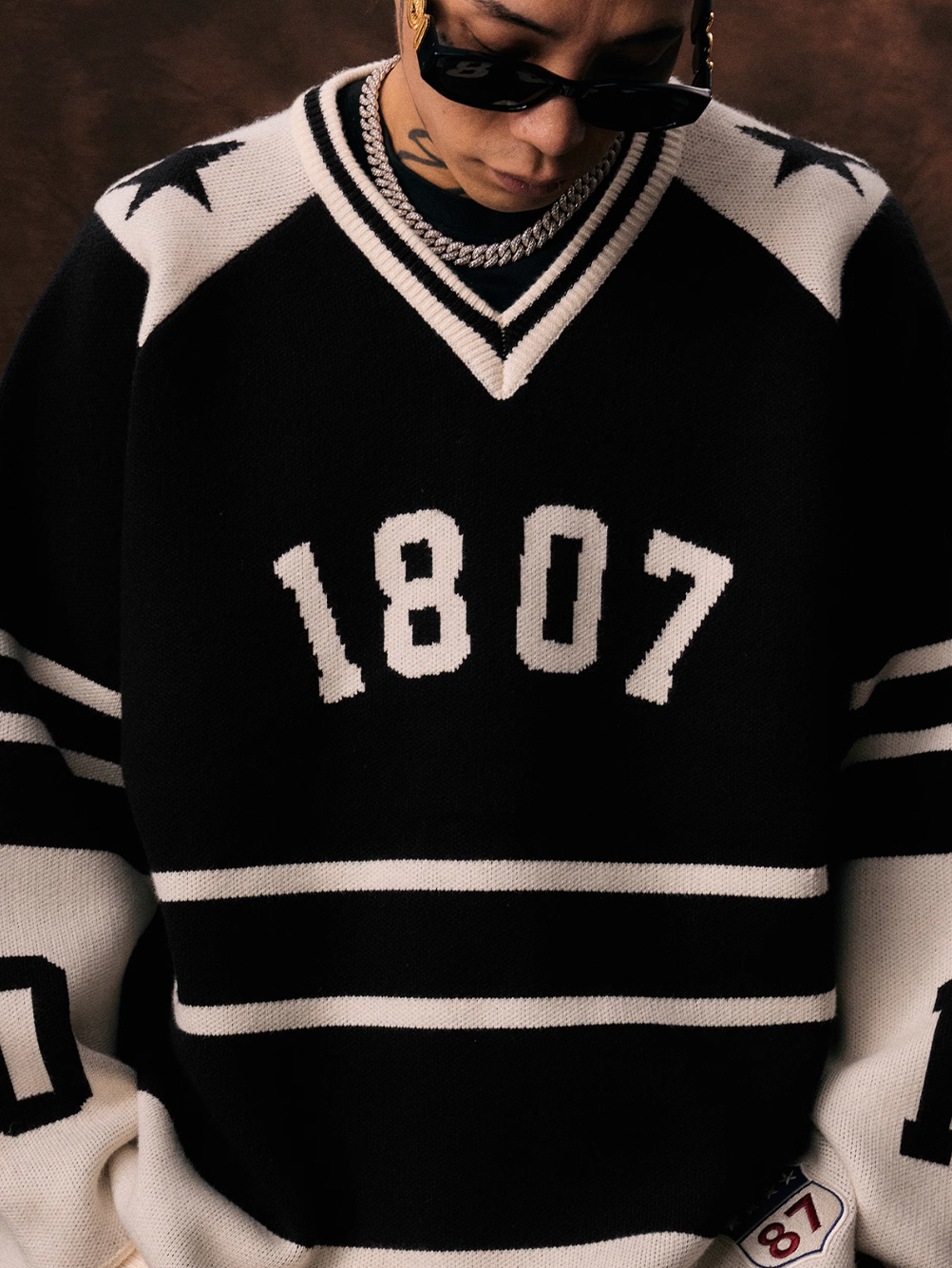 1807 Black & White Striped Hockey Jersey Knit Sweater | Face 3 Face