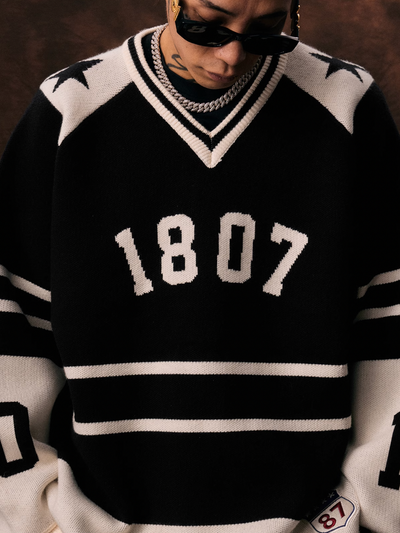 1807 Black & White Striped Hockey Jersey Knit Sweater | Face 3 Face