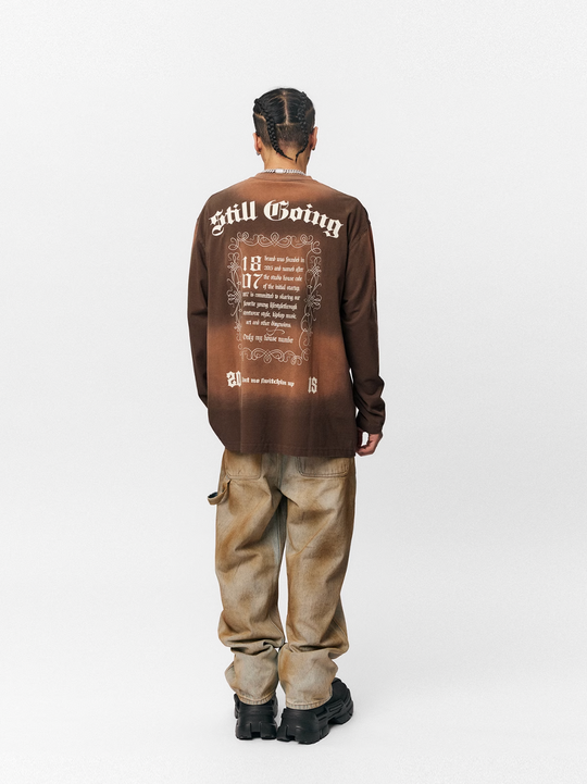 1807 Floral Font Printed Distressed Long Sleeve Tee  | Face 3 Face