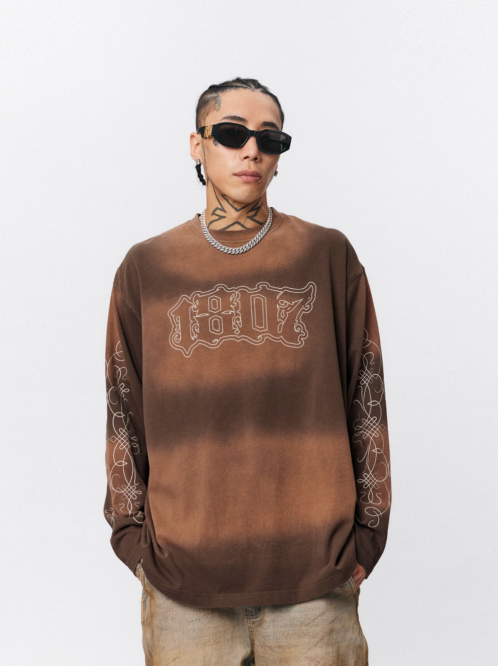 1807 Floral Font Printed Distressed Long Sleeve Tee  | Face 3 Face