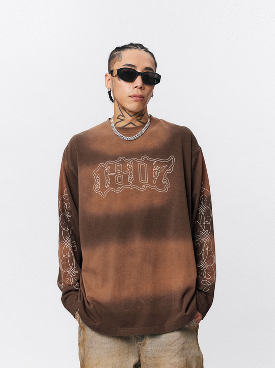 1807 Floral Font Printed Distressed Long Sleeve Tee  | Face 3 Face