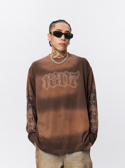 1807 Floral Font Printed Distressed Long Sleeve Tee | Face 3 Face