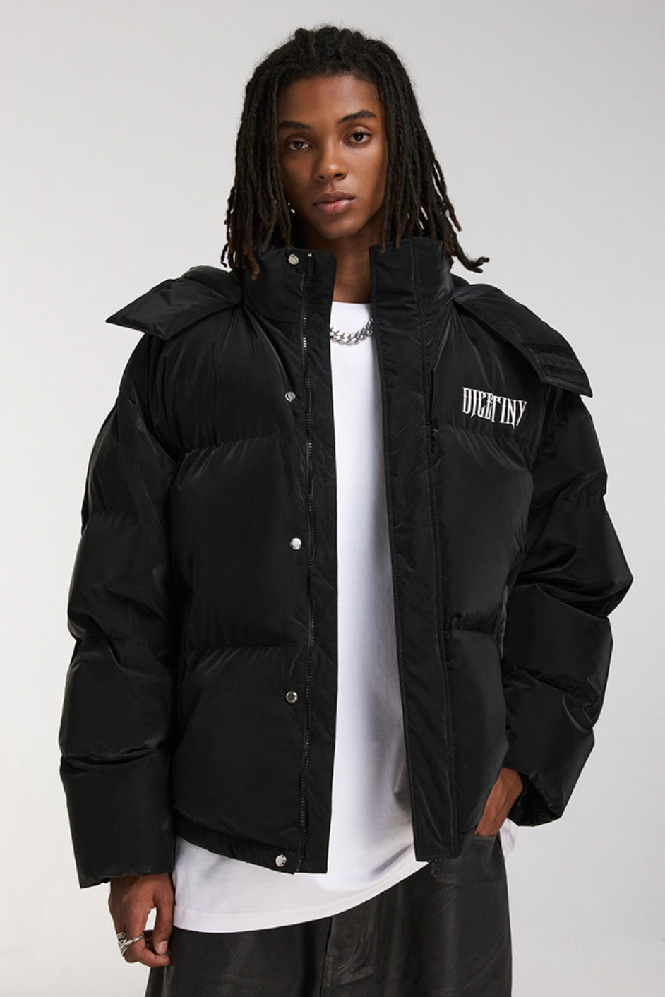 DICETINY Hooded Matte Logo Print Short Down Jacket | Face 3 Face