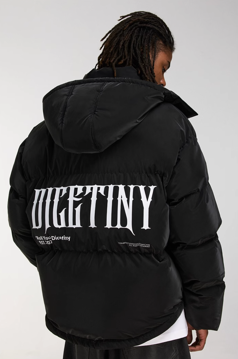 DICETINY Hooded Matte Logo Print Short Down Jacket | Face 3 Face