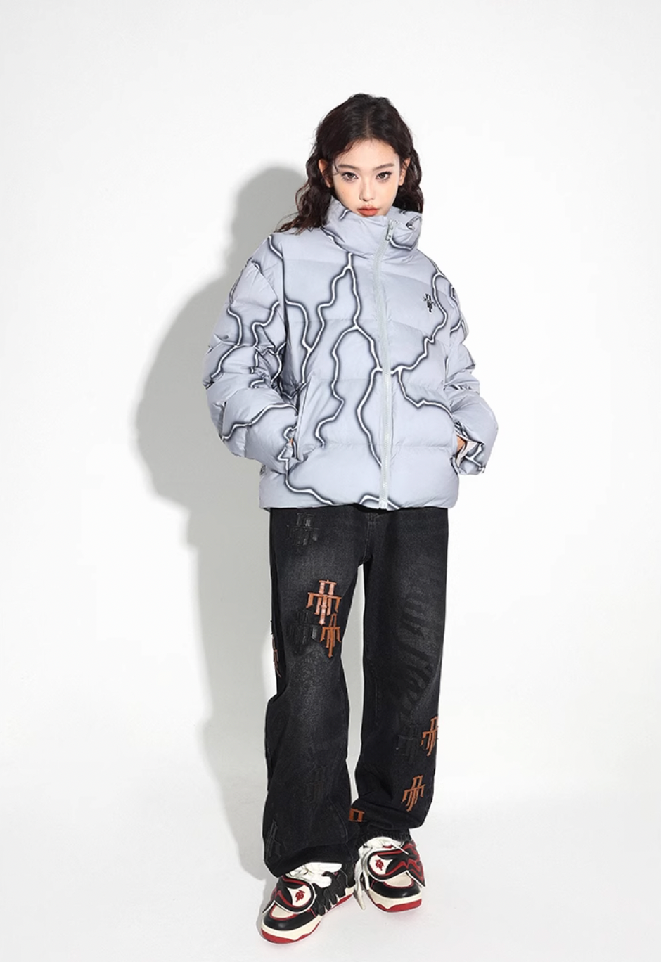 DICETINY Lightning Logo Printing Puffer Jacket | Face 3 Face