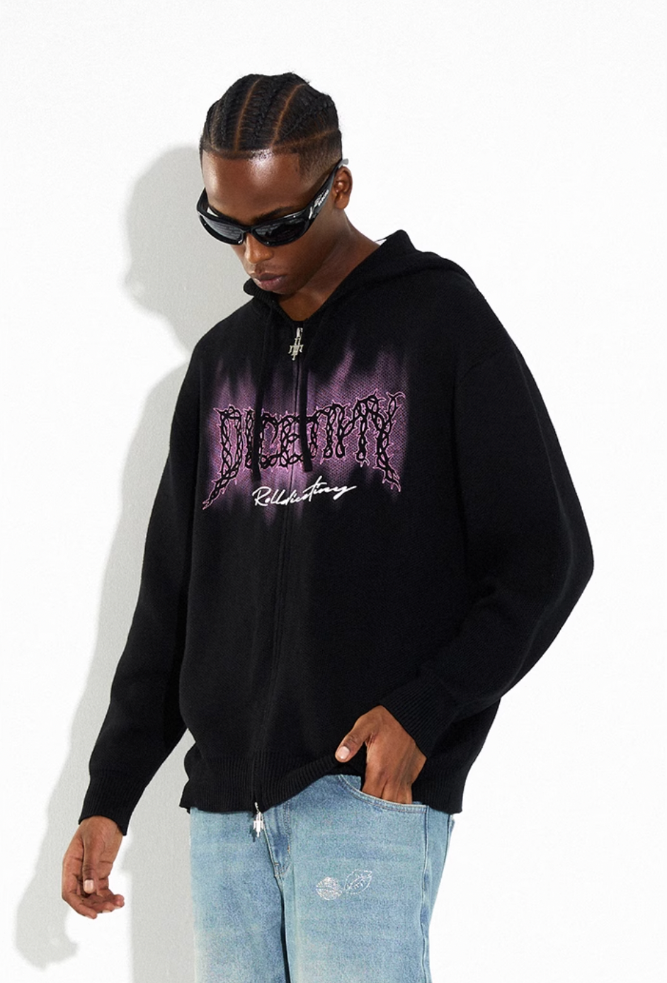 DICETINY Thorn Logo Print Zip Up Knit Hoodie | Face 3 Face