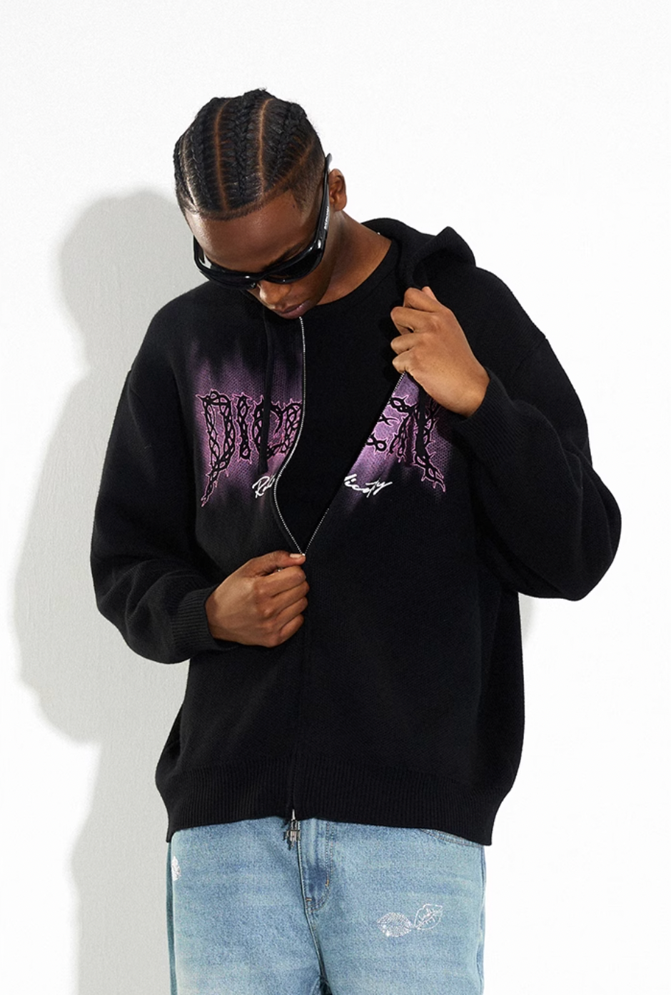 DICETINY Thorn Logo Print Zip Up Knit Hoodie | Face 3 Face