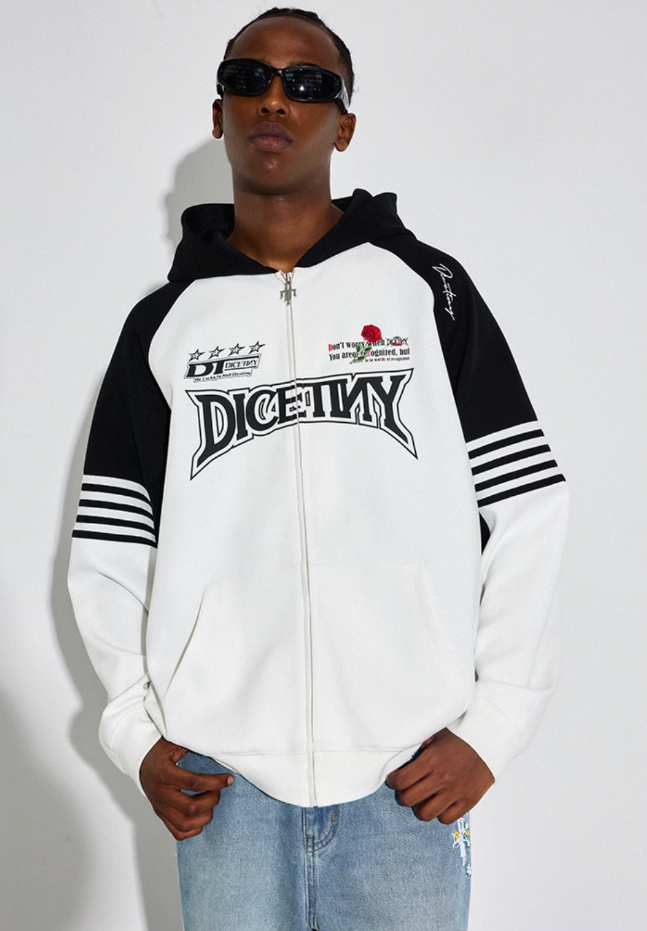 DICETINY Rose Embroidery Logo Printed Zip Up Hoodie | Face 3 Face