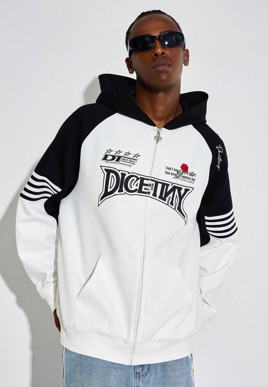 DICETINY Rose Embroidery Logo Printed Zip Up Hoodie | Face 3 Face