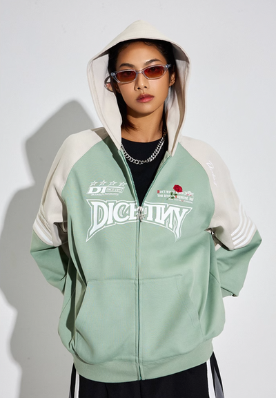 DICETINY Rose Embroidery Logo Printed Zip Up Hoodie | Face 3 Face