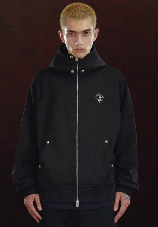 DICETINY Metal Logo & Studs Sword Printed Zip Up Hoodie | Face 3 Face