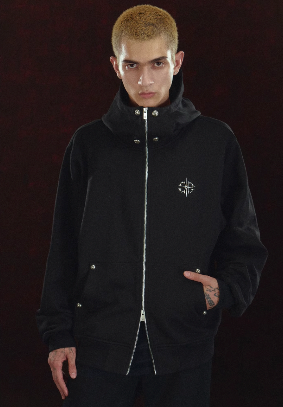 DICETINY Metal Logo & Studs Sword Printed Zip Up Hoodie | Face 3 Face