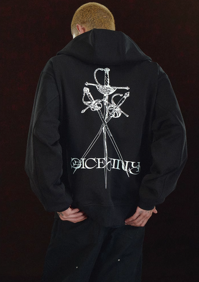 DICETINY Metal Logo & Studs Sword Printed Zip Up Hoodie | Face 3 Face