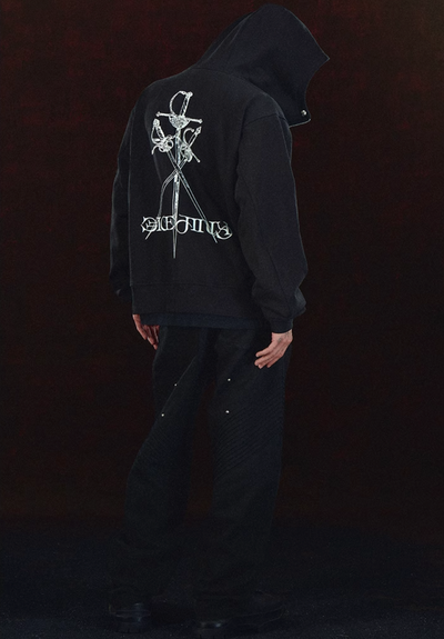 DICETINY Metal Logo & Studs Sword Printed Zip Up Hoodie | Face 3 Face