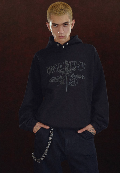 DICETINY Metal Studs Button Sword Printed Hoodie | Face 3 Face