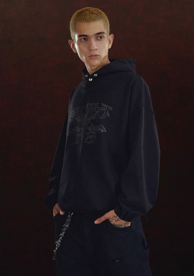 DICETINY Metal Studs Button Sword Printed Hoodie | Face 3 Face