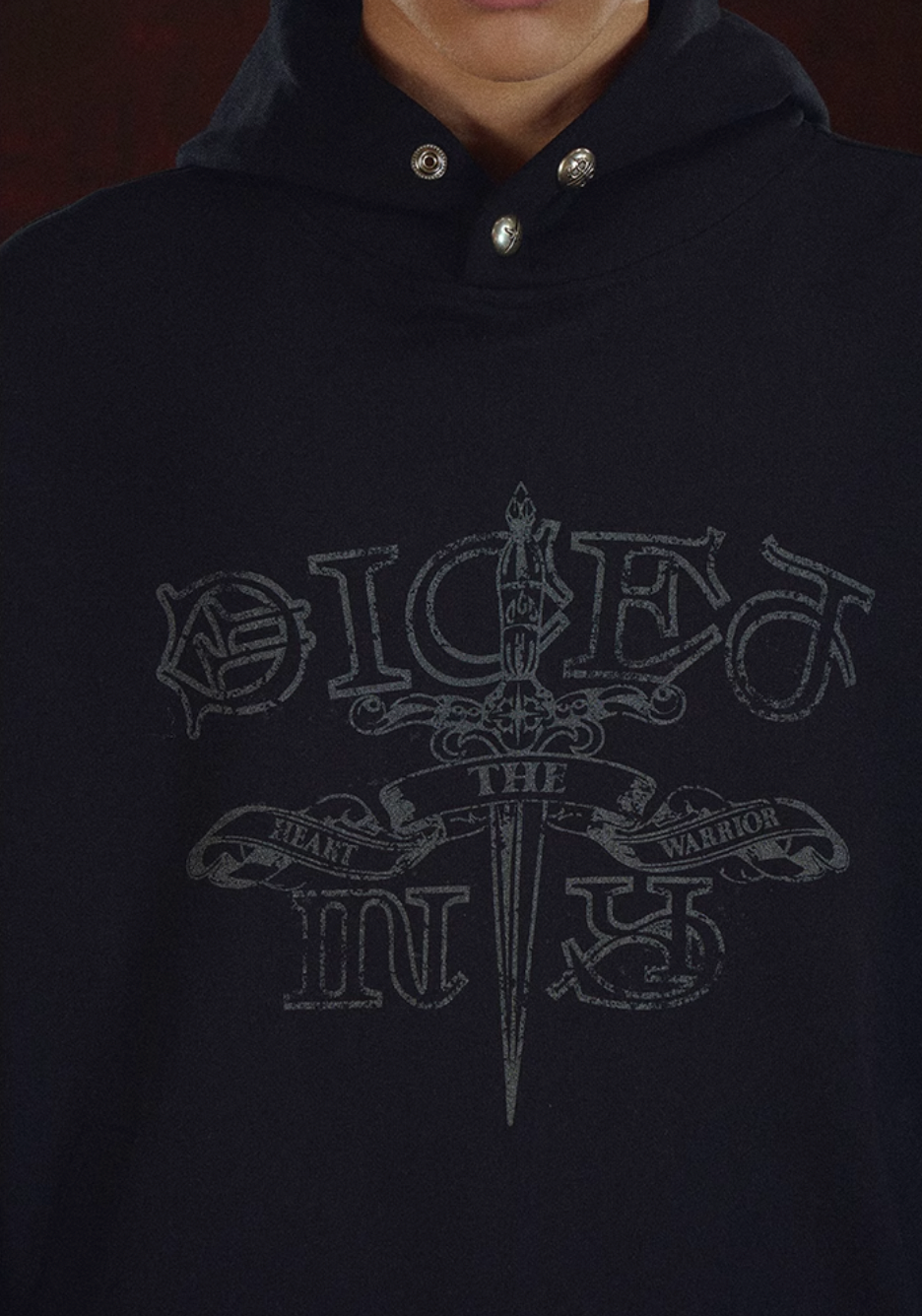 DICETINY Metal Studs Button Sword Printed Hoodie | Face 3 Face