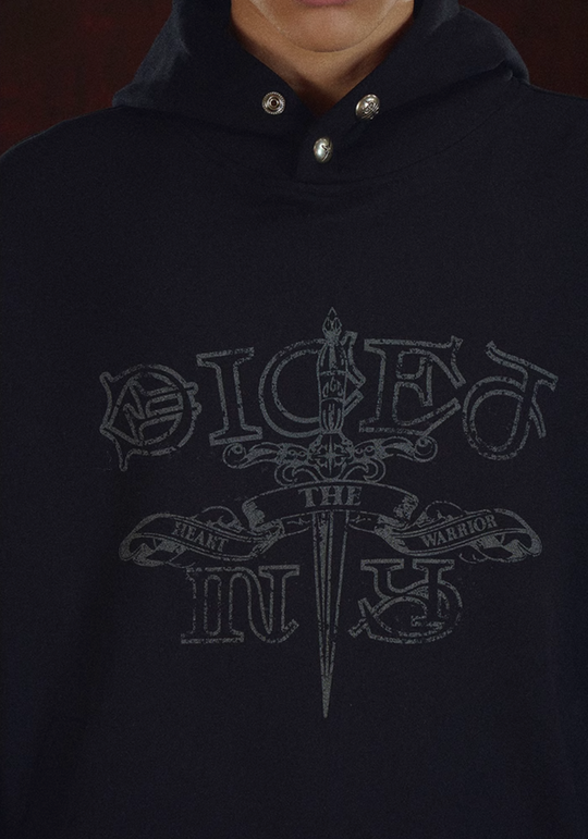DICETINY Metal Studs Button Sword Printed Hoodie | Face 3 Face