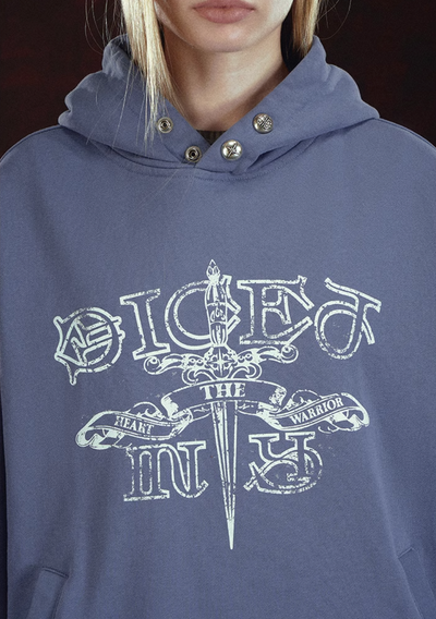 DICETINY Metal Studs Button Sword Printed Hoodie | Face 3 Face