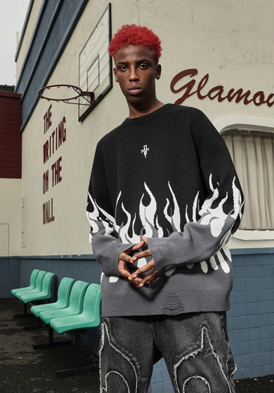 DICETINY Basic Logo Flame Destruction Knit Sweater | Face 3 Face