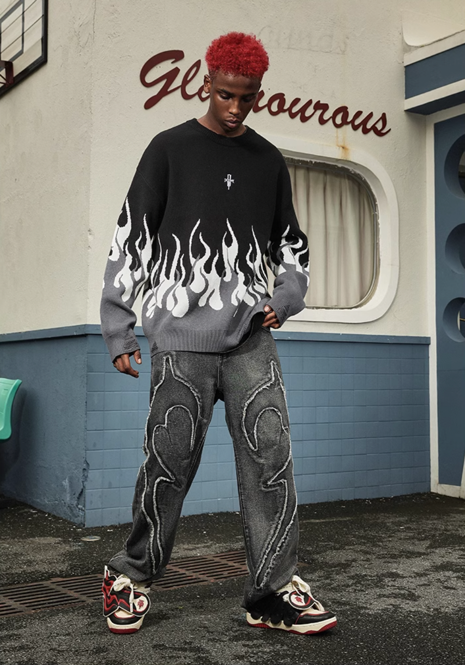DICETINY Basic Logo Flame Destruction Knit Sweater | Face 3 Face
