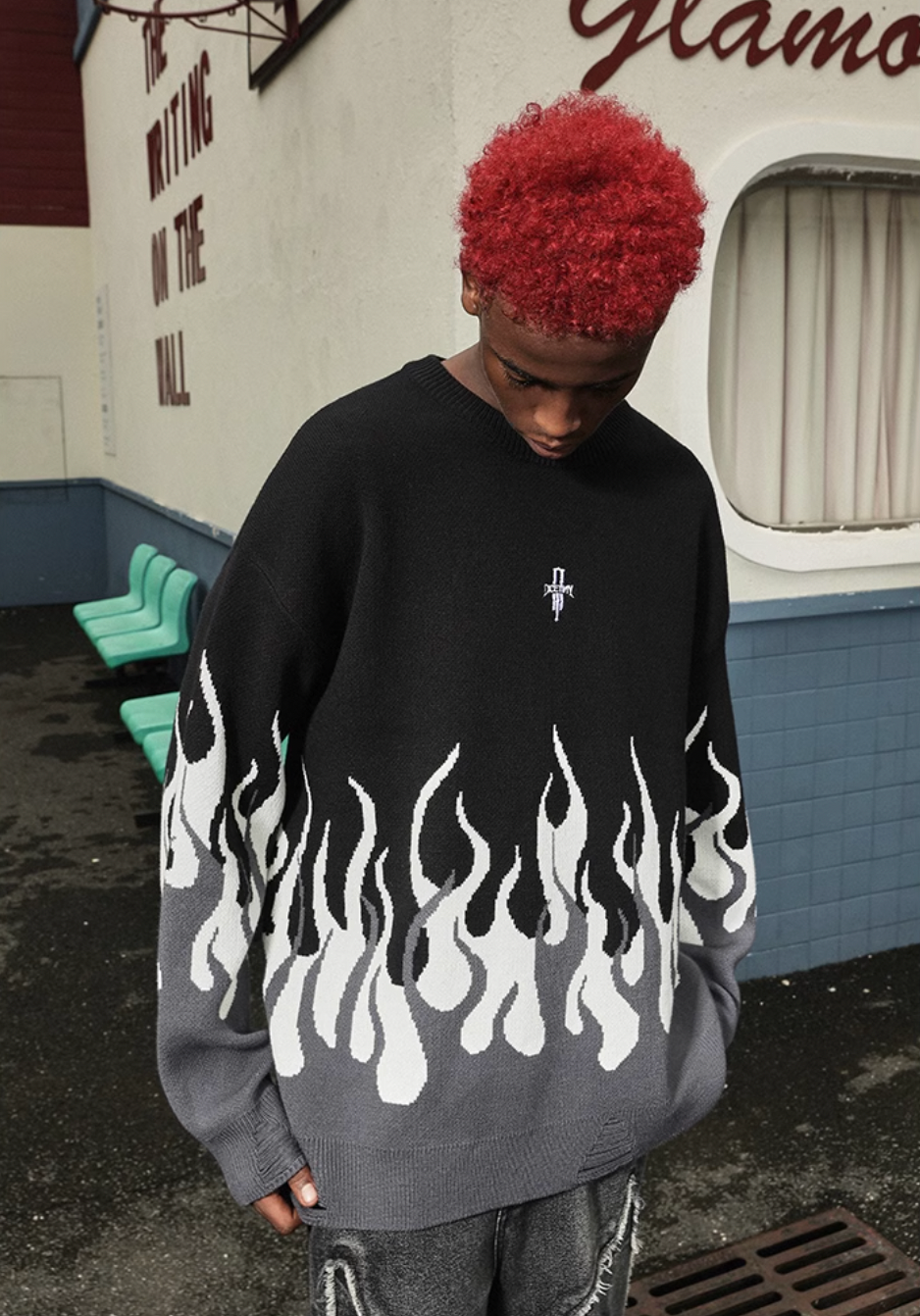 DICETINY Basic Logo Flame Destruction Knit Sweater | Face 3 Face