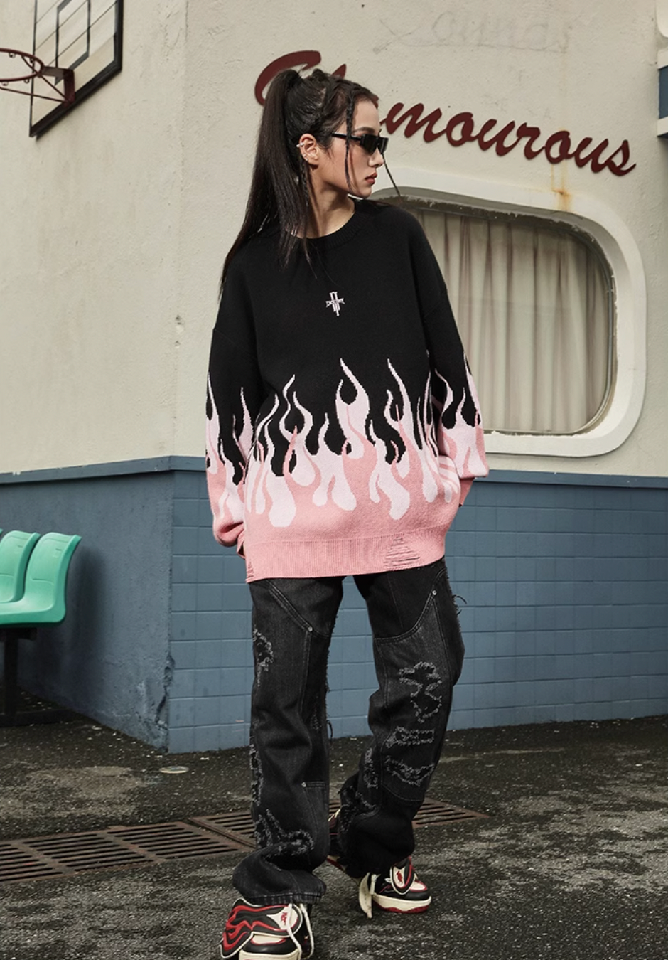 DICETINY Basic Logo Flame Destruction Knit Sweater | Face 3 Face