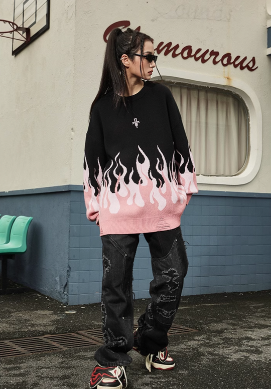 DICETINY Basic Logo Flame Destruction Knit Sweater | Face 3 Face