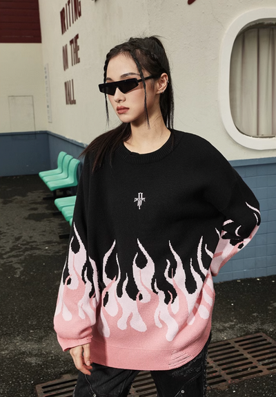 DICETINY Basic Logo Flame Destruction Knit Sweater | Face 3 Face