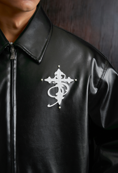 Small Town Kid Pearl Cross Logo PU Leather Racing Jacket | Face 3 Face