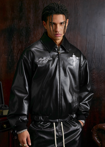 Small Town Kid Pearl Cross Logo PU Leather Racing Jacket | Face 3 Face