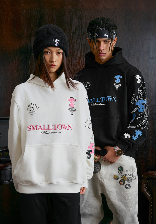 Small Town Kid Cross Print Patch Logo Leather Hoodie | Face 3 Face