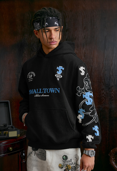 Small Town Kid Cross Print Patch Logo Leather Hoodie | Face 3 Face