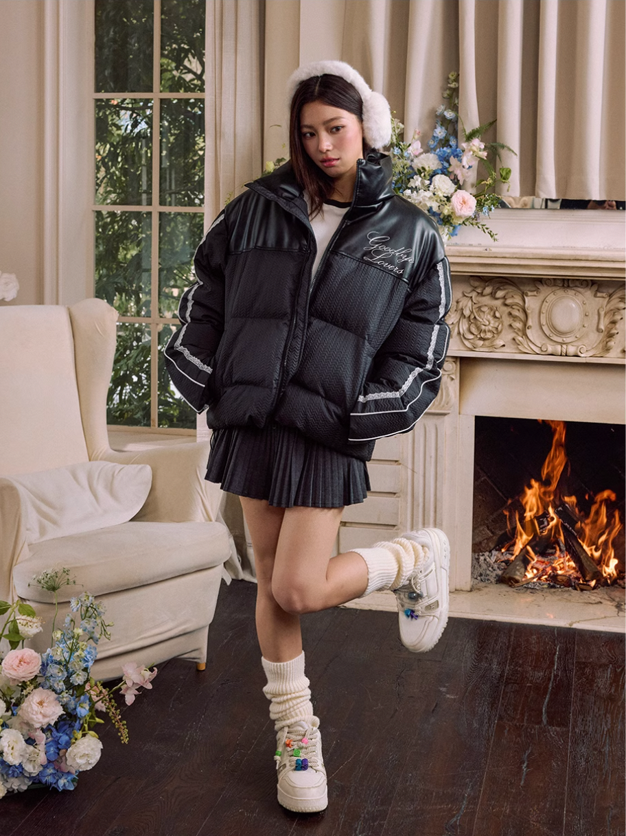 Harsh and Cruel PU Leather Lace Panel Short Puffer Jacket | Face 3 Face