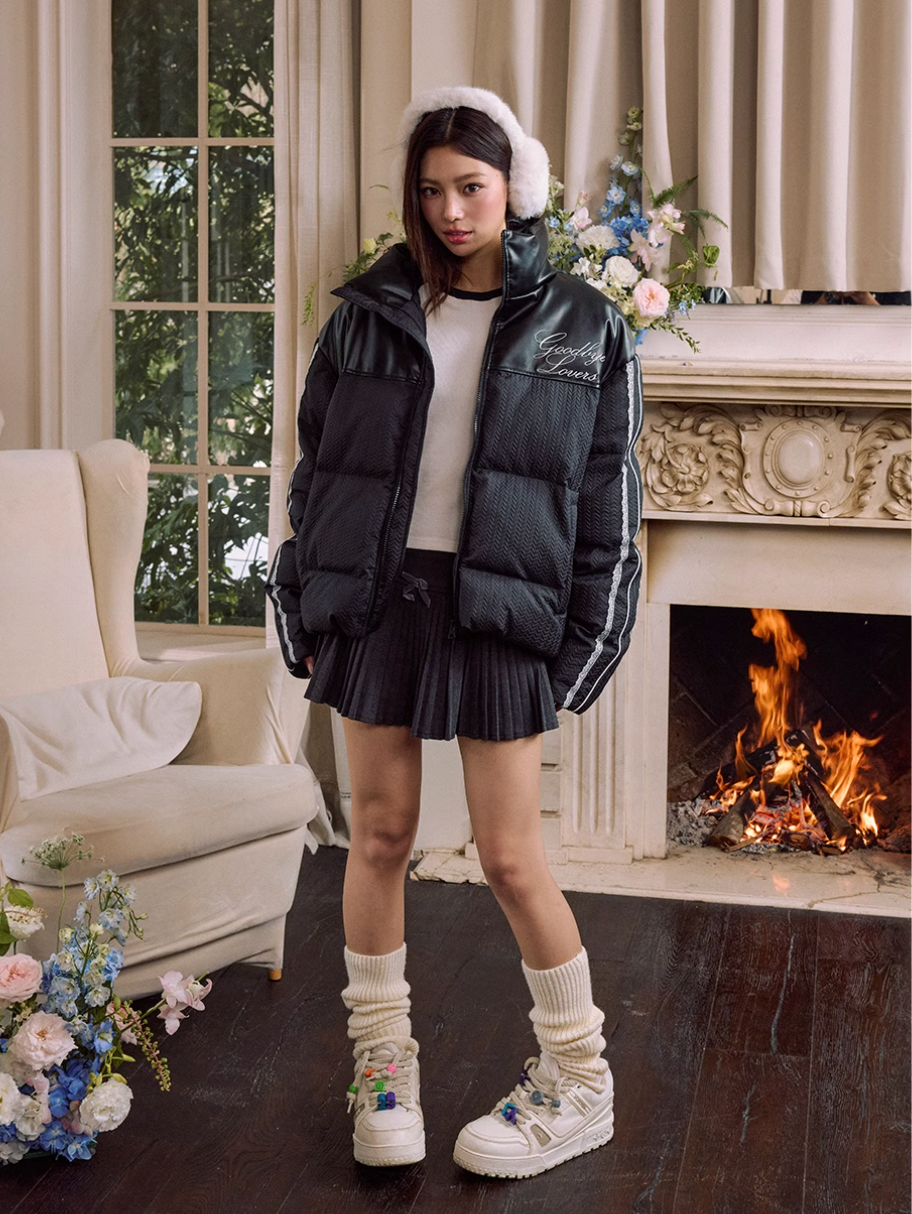 Harsh and Cruel PU Leather Lace Panel Short Puffer Jacket | Face 3 Face