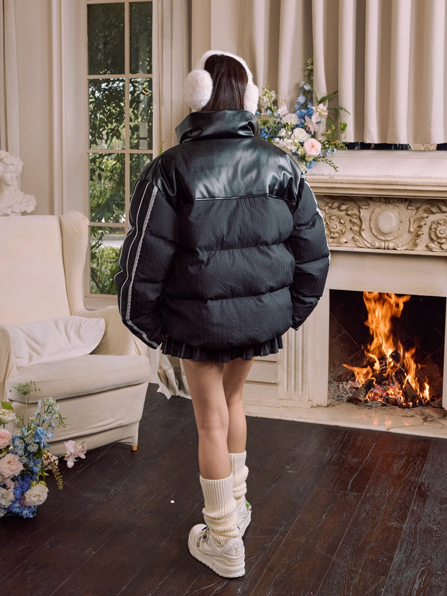 Harsh and Cruel PU Leather Lace Panel Short Puffer Jacket | Face 3 Face