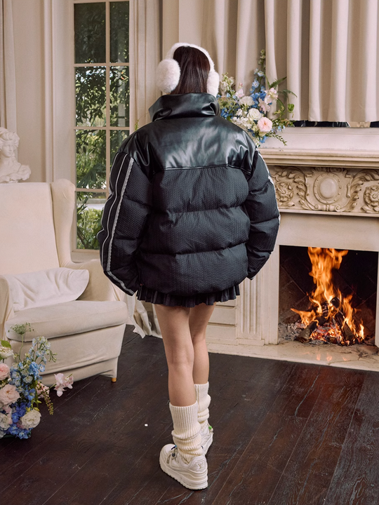 Harsh and Cruel PU Leather Lace Panel Short Puffer Jacket | Face 3 Face